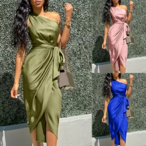 Sexy Green Prom Dress One Shoulder Satin Ruched Midi Party Dress