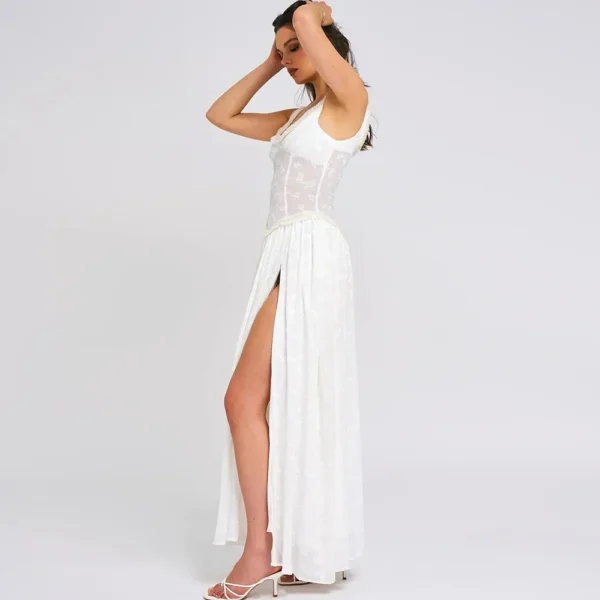 Elegant Green Spaghetti Strap High Slit Maxi Dress For Evening Party - Image 5