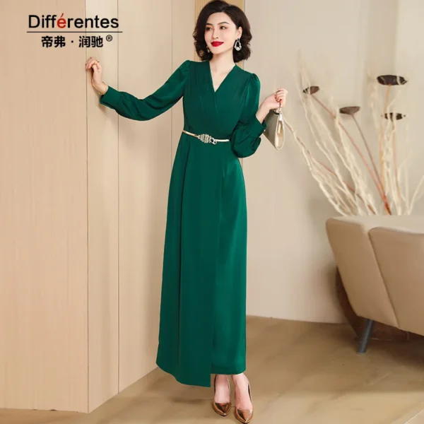 V-neck Elegant Green Long Sleeve Bodycon Evening Party Dress Women