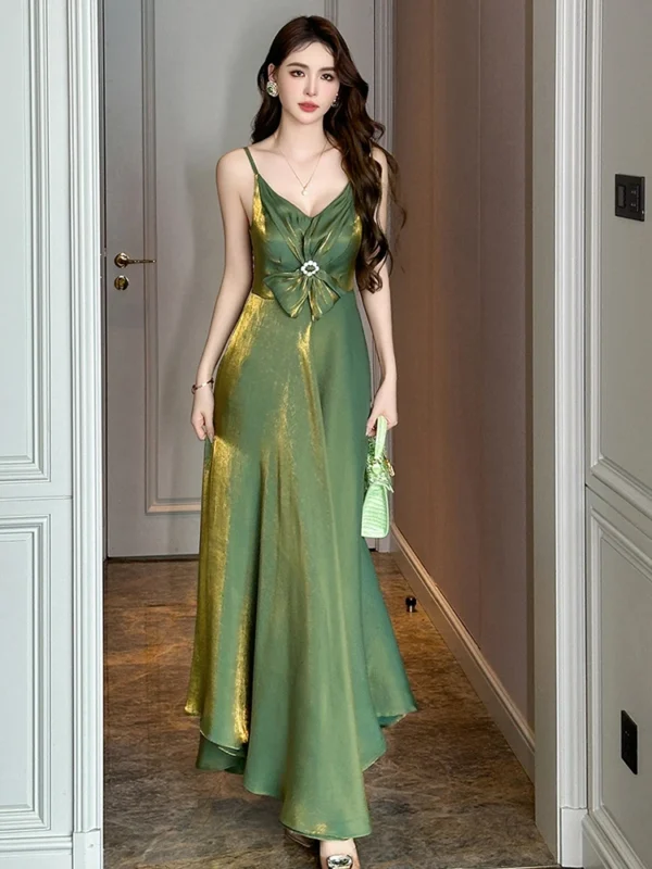 Celebrity Style Sexy Green Strap Bow High Waist Long Gown Party - Image 4