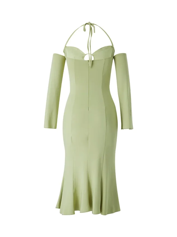 Elegant Pea Green Halter Off Shoulder High Waist Evening Party Dress - Image 5