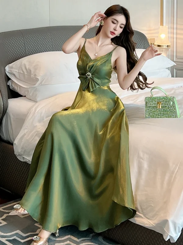 Celebrity Style Sexy Green Strap Bow High Waist Long Gown Party - Image 6