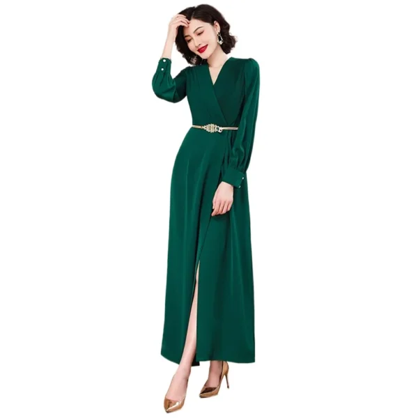 V-neck Elegant Green Long Sleeve Bodycon Evening Party Dress Women - Image 5