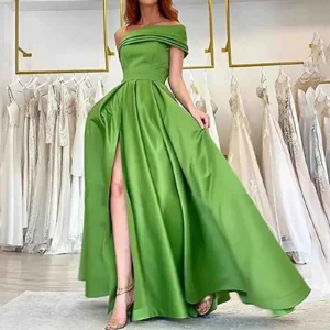 Sexy Mint Green Prom Dress Off-Shoulder Satin High Slit Maxi Gown