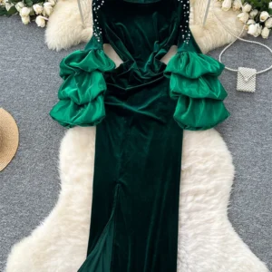 Elegant Green Prom Dress Velvet Butterfly Sleeve Pearl Split Maxi Dress