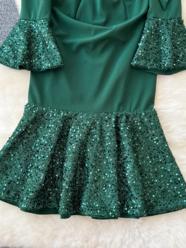 French Green Sequin Bow Fishtail Ruffle Vintage Evening Party Dress - Image 4
