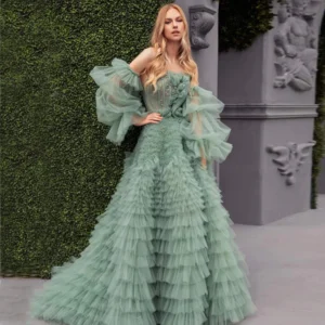 Romantic Sage Green Prom Dress Tiered Tulle Formal Party Gown