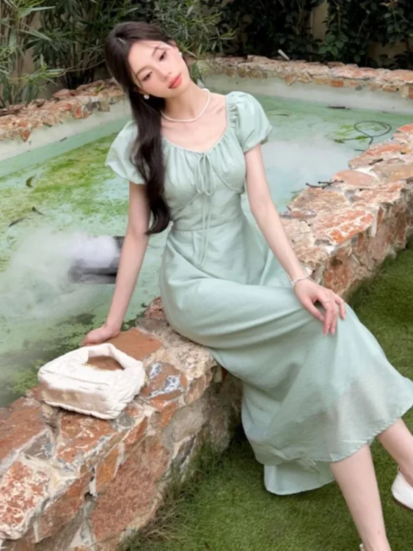 Summer Green High Waist Lace Chiffon Puff Sleeve Dress Women - Image 4