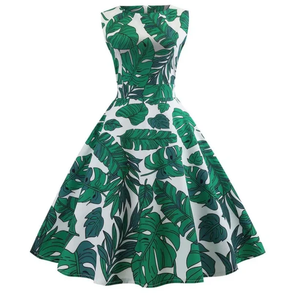 Women Summer Sleeveless Green Leaf Print Midi Vintage Party Dress