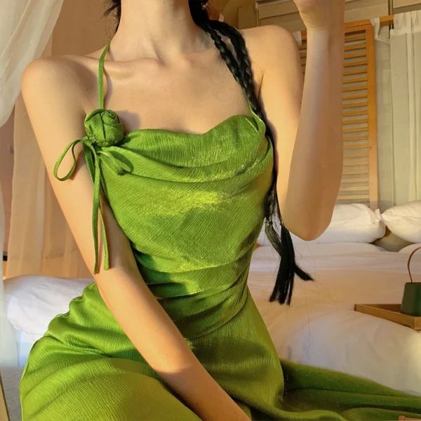 Green Sleeveless Pleated Halter Bandage Long Dress Evening Party - Image 5