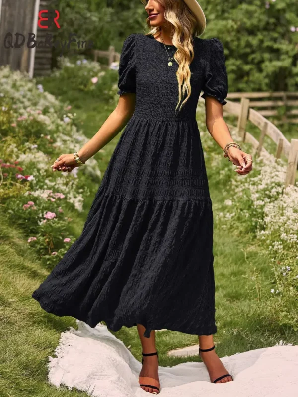Green Summer Elegant Slim A-Line O-Neck Maxi Dress Women Birthday - Image 2