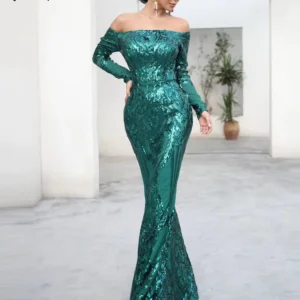 Elegant Green Prom Dress Off-Shoulder Sequin Bodycon Evening Gown