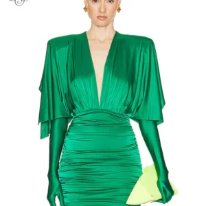 VC Fashion Green Sexy V-Neck Draped Slim Mini Dress With Gloves