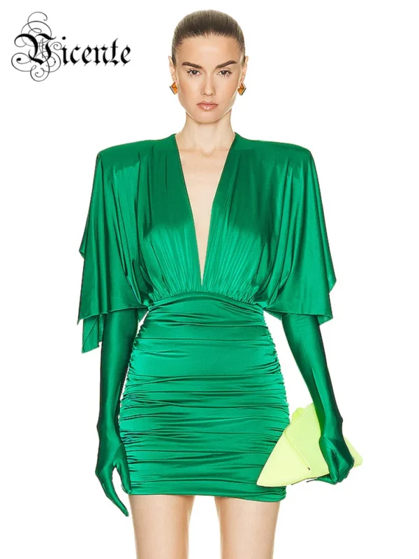 VC Fashion Green Sexy V-Neck Draped Slim Mini Dress With Gloves