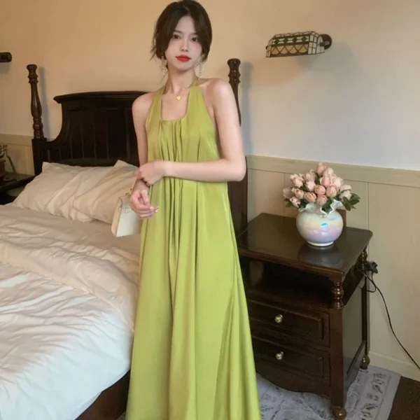 Green Halter Backless Ankle-Length Loose Dress For Women Summer - Image 6