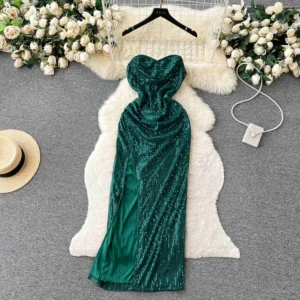 Sexy Green Prom Dress Sequin Backless Spaghetti Strap Split Midi Dress
