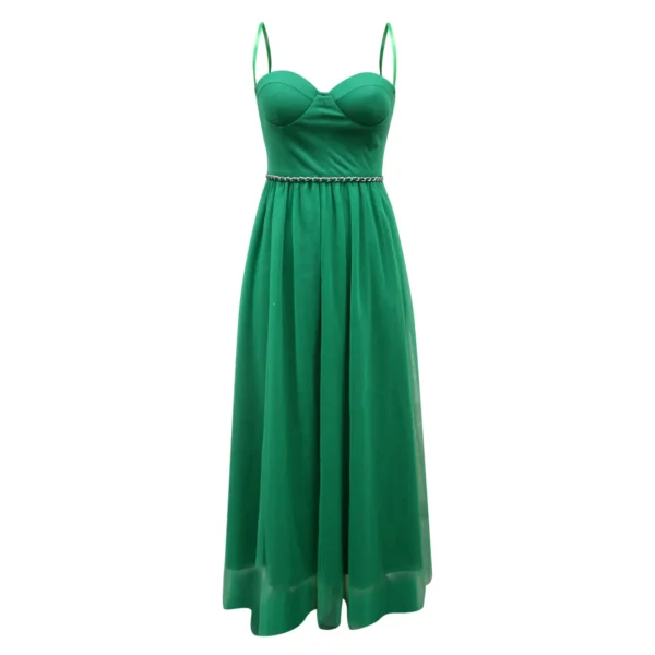 Green Sexy Spaghetti Strap Mesh Dress With Belt For Evening Parties - Image 3
