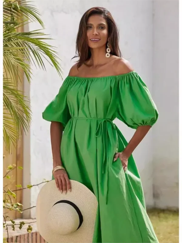 New Green Casual Puff Sleeves Slant Shoulder Elegant Party Dress - Image 4