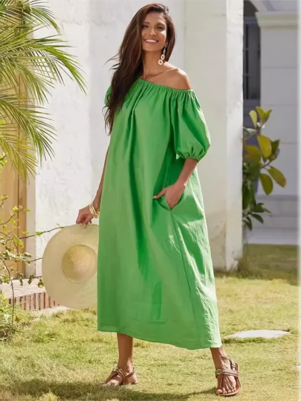 New Green Casual Puff Sleeves Slant Shoulder Elegant Party Dress