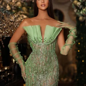 Celebrity Green Prom Dress Strapless Mesh Beaded Mini Party Dress