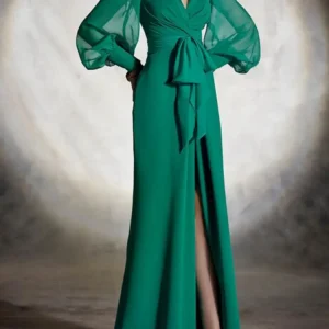 Elegant Green Prom Dress Puff Sleeve Lace-Up V-Neck Split Maxi Gown