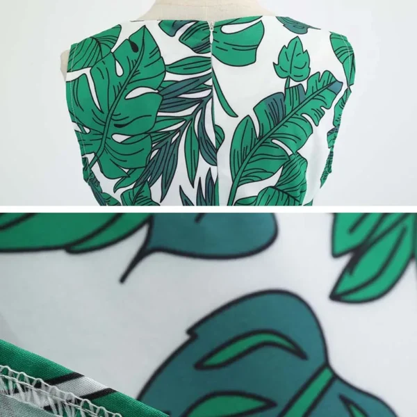 Women Summer Sleeveless Green Leaf Print Midi Vintage Party Dress - Image 6