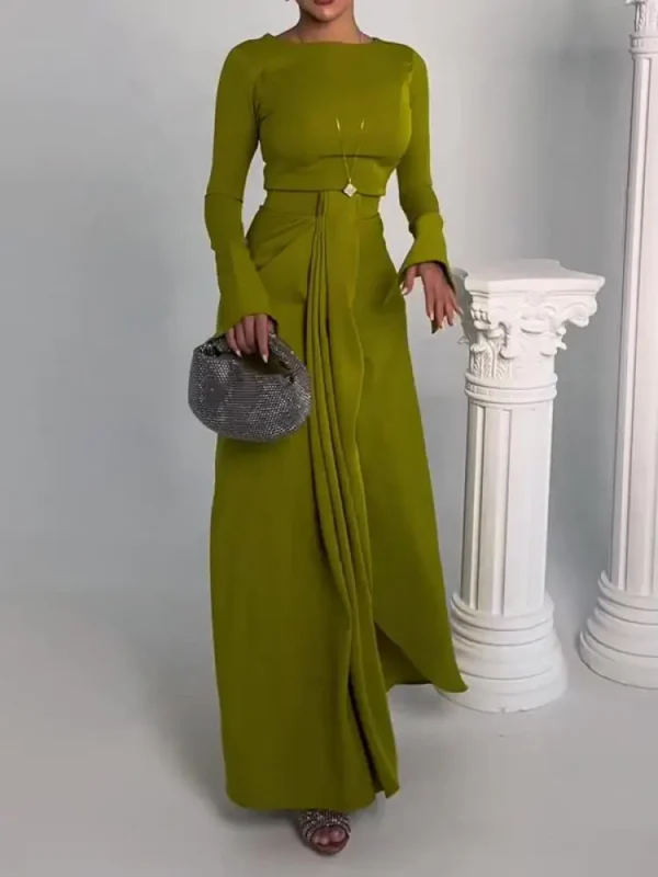 Green Prom Dress Elegant Long Sleeve High Waist Pleated Maxi Gown - Image 2