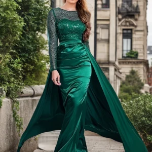 Sexy Green Prom Dress O-Neck Sequin Sheer Sleeve Detachable Train Gown