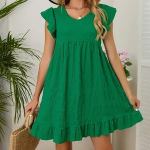 French Retro Green Prom Dress V-Neck Sleeveless Ruffle Mini Dress