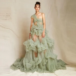 Sexy Green Prom Dress One Shoulder Ruffle Tulle A-Line Gown