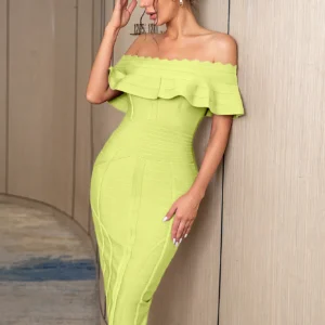 Celebrity Green Prom Dress Off-Shoulder Bandage Midi Party Dress