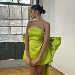 Stylish Green Prom Dress Satin Mini Bow Pearl Party Dress