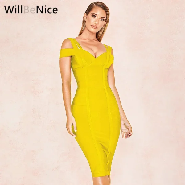White Green Pink Bandage Bodycon Dress V Neck Party Maxi Vestido - Image 2