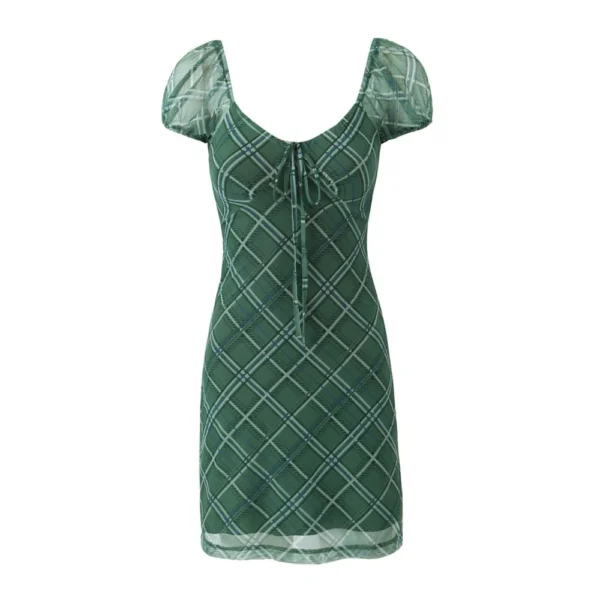 Retro French Green Plaid Puff Sleeve Bodycon Mini Party Dress Women - Image 12