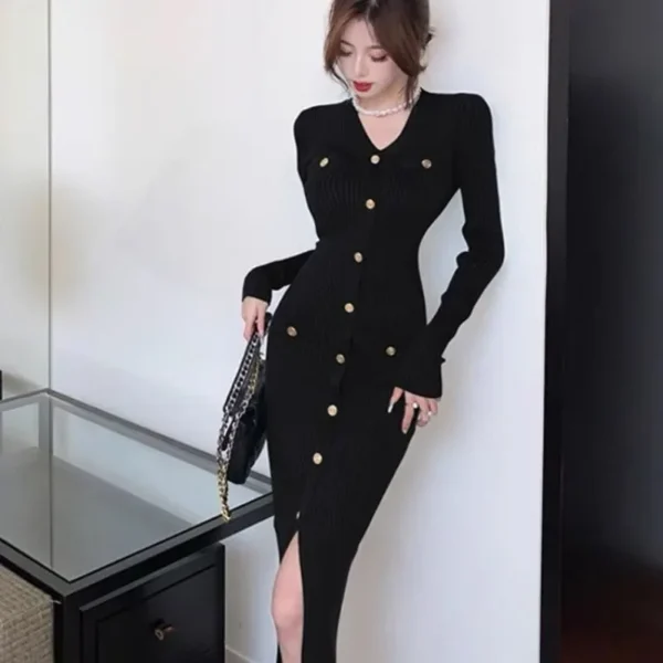 Green Crochet Knee-Length Dress Sexy Split Knitted Midi Bodycon - Image 11