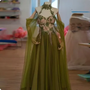 Olive Green Prom Dress Off-Shoulder Applique Tulle Ball Gown