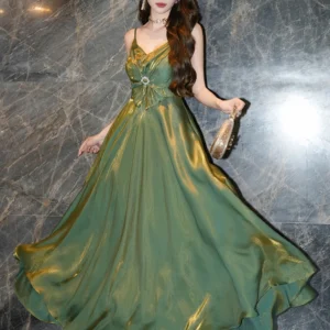 Sexy Green Prom Dress Satin Sparkly Bow V-Neck Maxi Dress