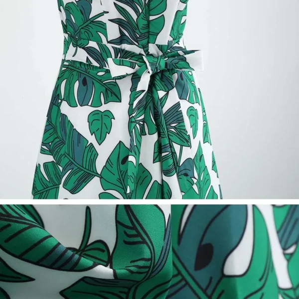 Women Summer Sleeveless Green Leaf Print Midi Vintage Party Dress - Image 5