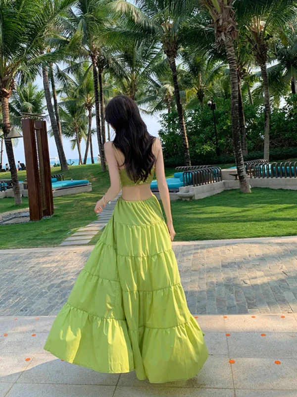 Sexy Hollow Out Green Sleeveless High Waist Midi Dress 2025 Summer - Image 5
