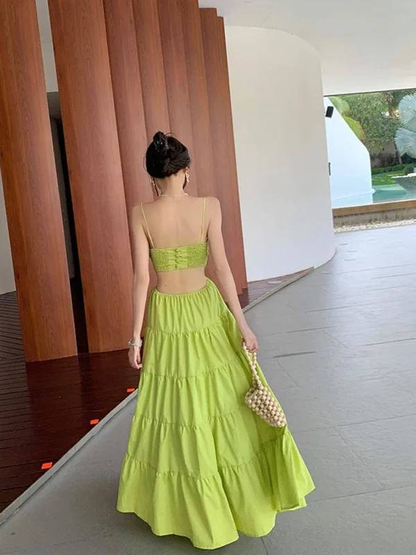 Sexy Hollow Out Green Sleeveless High Waist Midi Dress 2025 Summer