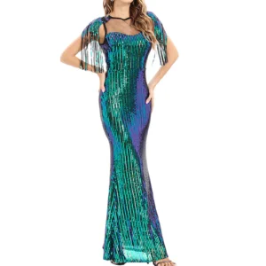 Elegant Green Prom Dress One Shoulder Sequin Tassel Split Gown