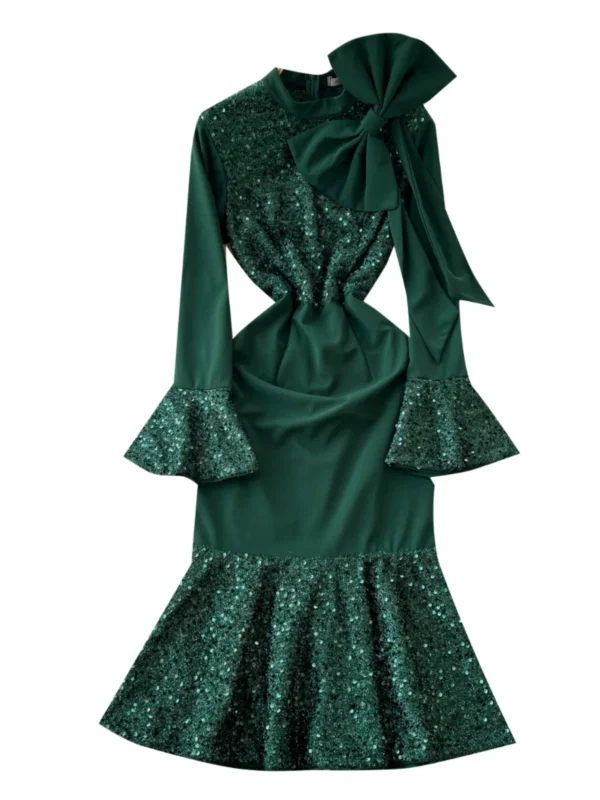 French Green Sequin Bow Fishtail Ruffle Vintage Evening Party Dress - Image 5