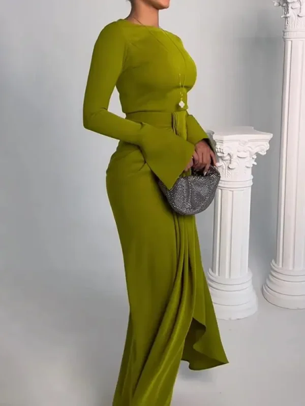 Green Prom Dress Elegant Long Sleeve High Waist Pleated Maxi Gown - Image 5