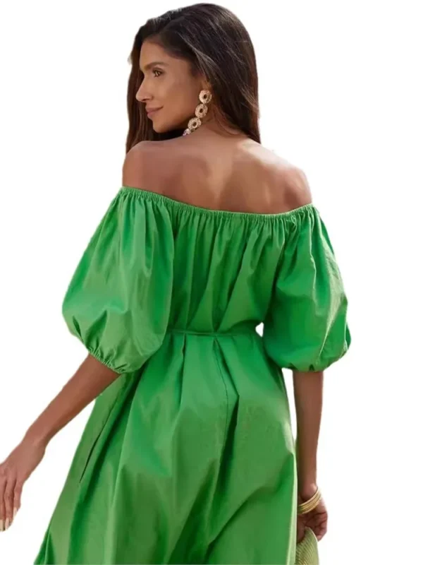 New Green Casual Puff Sleeves Slant Shoulder Elegant Party Dress - Image 5