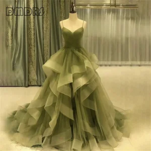 Olive Green Prom Dress Tiered A-Line Spaghetti Strap Evening Gown