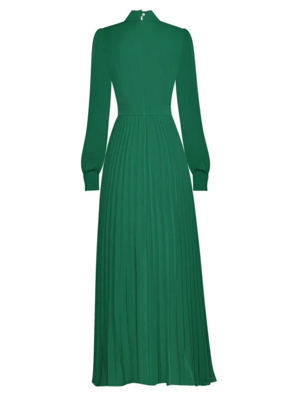 Green Prom Dress Elegant Long Sleeve Bow Collar Pleated Maxi Party Gown - Image 2