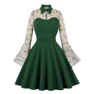 Gothic Green Prom Dress Lace Embroidery Mesh Long Sleeve Dress