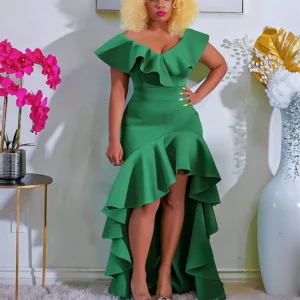 Vintage Green Prom Dress Ruffle High-Low Hem Sleeveless Party Dress