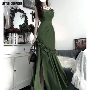 Sexy Green Prom Dress High Split Mermaid Spaghetti Strap Maxi Dress