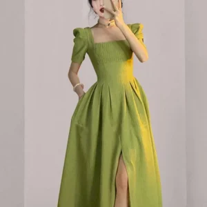 Elegant Green Prom Dress Puff Sleeve Square Neck Midi Split Dress